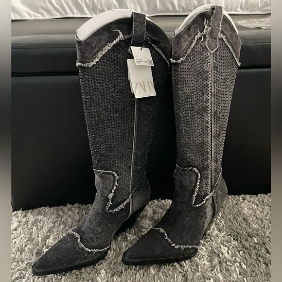 NWT Zara Rhinestone Denim Cowboy Boots - Picture 2 of 12